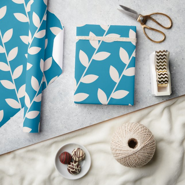 Custom Blue 70s Retro Leaf Pattern  Wrapping Paper (Crafts)