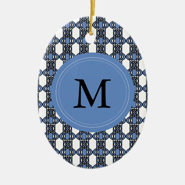 Custom Blue Abstract Scarab Pattern Monogram Ceramic Tree Decoration (Front)