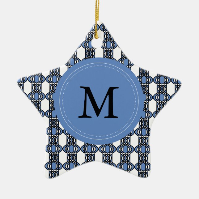 Custom Blue Abstract Scarab Pattern Monogram Ceramic Tree Decoration (Front)