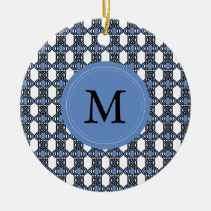 Custom Blue Abstract Scarab Pattern Monogram Ceramic Tree Decoration