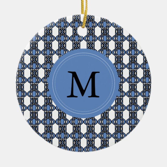 Custom Blue Abstract Scarab Pattern Monogram Ceramic Tree Decoration (Front)