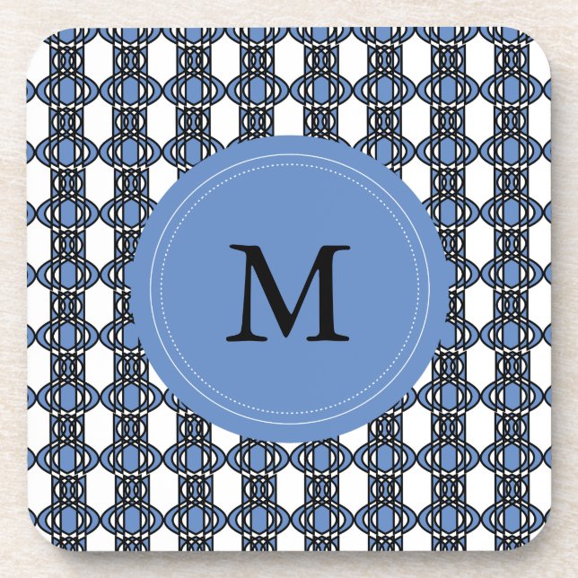 Custom Blue Abstract Scarab Pattern Monogram Coaster (Front)