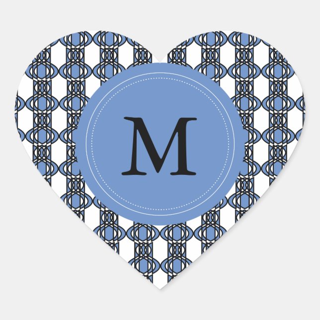 Custom Blue Abstract Scarab Pattern Monogram Heart Sticker (Front)