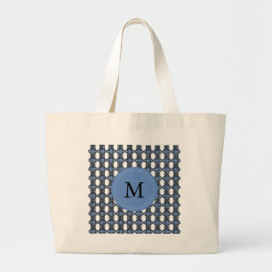 Custom Blue Abstract Scarab Pattern Monogram Large Tote Bag