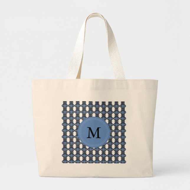 Custom Blue Abstract Scarab Pattern Monogram Large Tote Bag (Front)