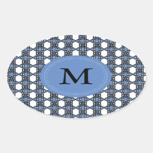 Custom Blue Abstract Scarab Pattern Monogram Oval Sticker