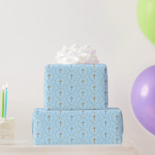 Custom Blue and Golden Boy Baptism Wrapping Paper