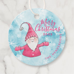 Custom Blue and Pink Cute Gnome Merry Christmas Favour Tags
