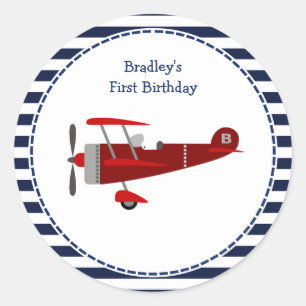 Custom Blue and Red Aeroplane Birthday Classic Round Sticker