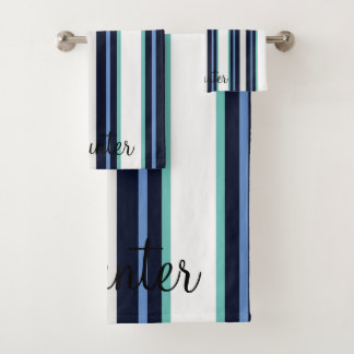Custom Blue And Teal Modern Cursive Family Bath Towel Set