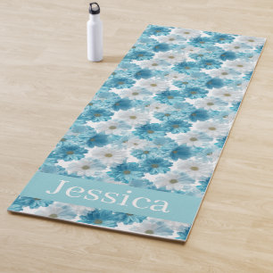 Custom Blue and White Daisy Floral Pattern Yoga Mat