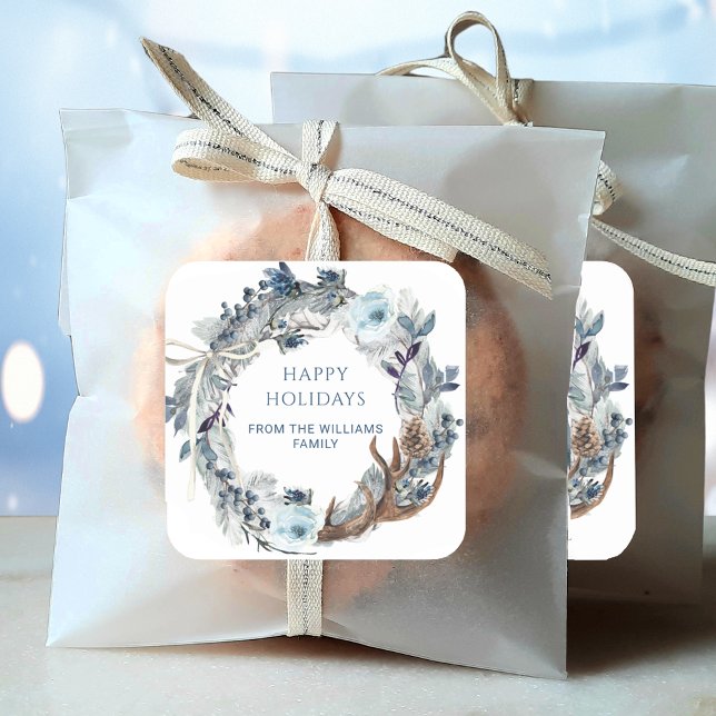 Custom, Blue and White Elegant Wreath, Holiday Square Sticker (Creator Uploaded)