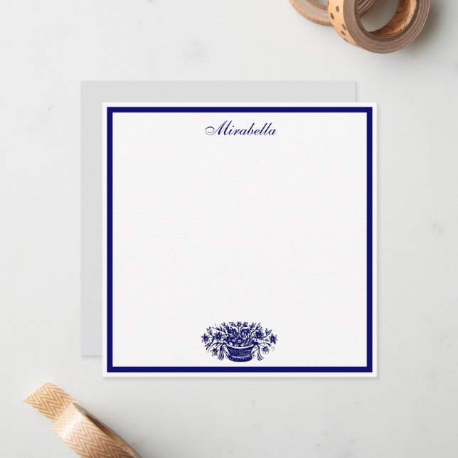 Custom Blue and White Floral Blue Border Square Card (Front/Back In Situ)