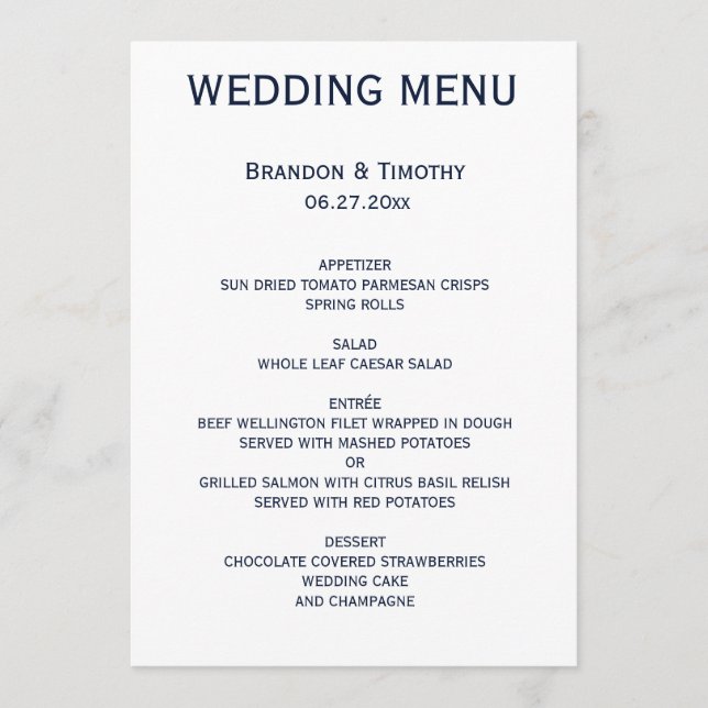 Custom Blue And White Gay Wedding Menu (Front)
