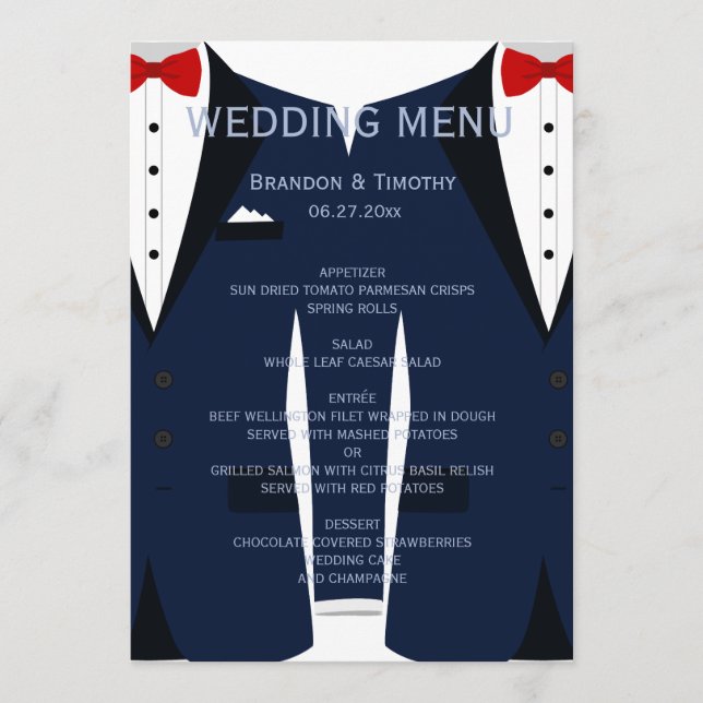 Custom Blue And White Gay Wedding Menu Card (Front)