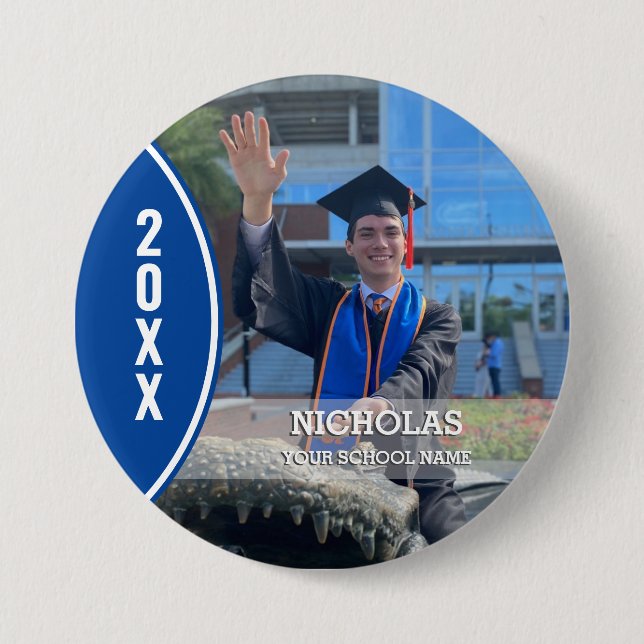 Custom Blue and White Graduation Photo Button (Front)