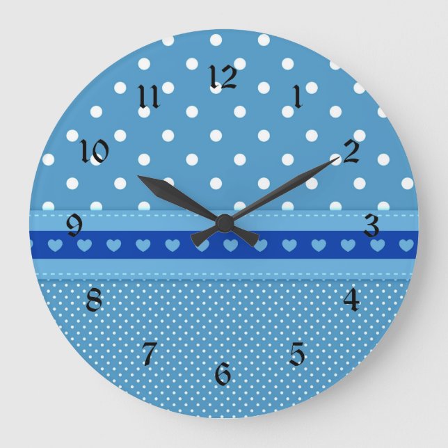 Custom Blue and White Polka Dots with Hearts Accen Large Clock (Front)