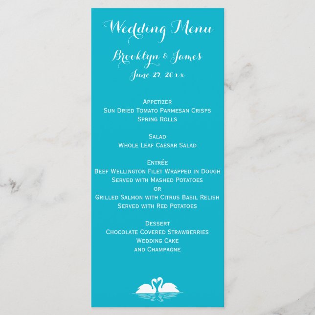Custom Blue And White Wedding Menu Cards Swans (Front)