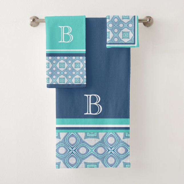 Custom Blue Aqua Turquoise Green Hip Ornate Art Bath Towel Set (Insitu)