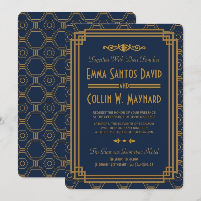Custom Blue Art Deco Wedding Invites (Front/Back)