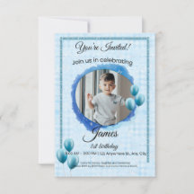 Custom Blue Balloon Photo Birthday Invitation