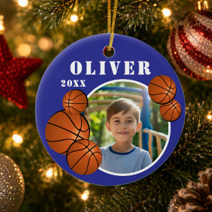 Custom Blue Basketball Ball Sports Photo Ceramic Tree Decoration