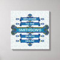 Custom Blue Beach House Sign with Scallop Swirls