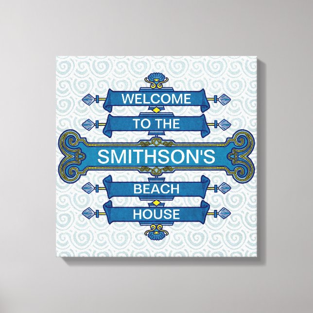 Custom Blue Beach House Sign with Scallop Swirls (Front)