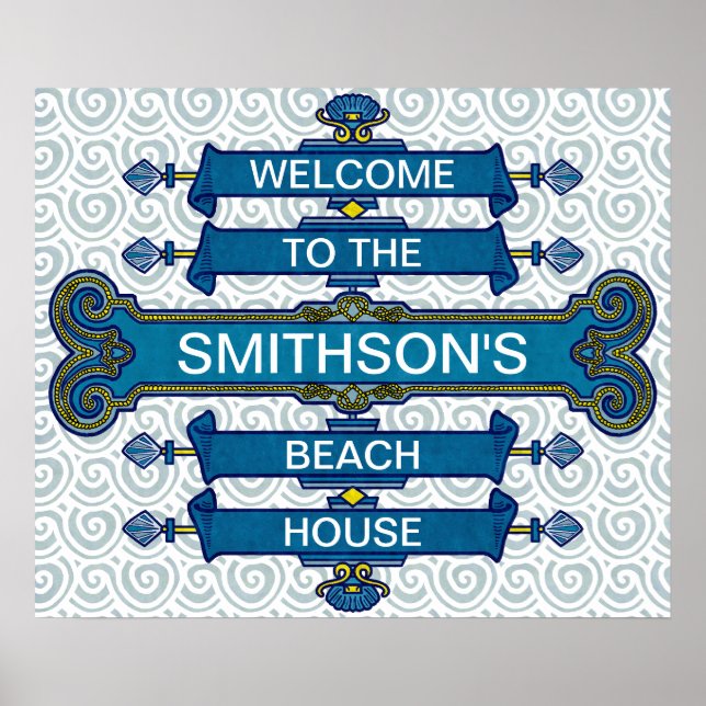 Custom Blue Beach House Sign with Scallop Swirls (Front)