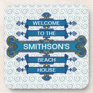 Custom Blue Beach House Sign with Scallop Swirls Coaster