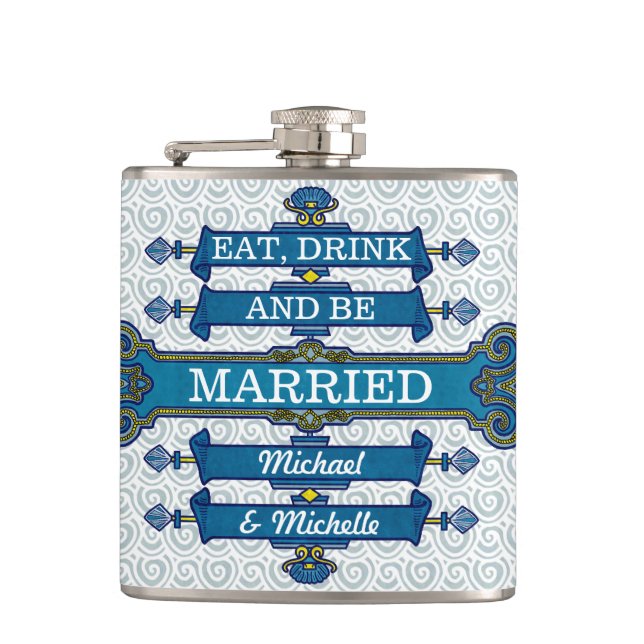 Custom Blue Beach Wedding Name Hip Flask (Front)