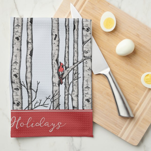Custom Blue Birch Trees and Red Cardinal Birds Tea Towel (Quarter Fold)