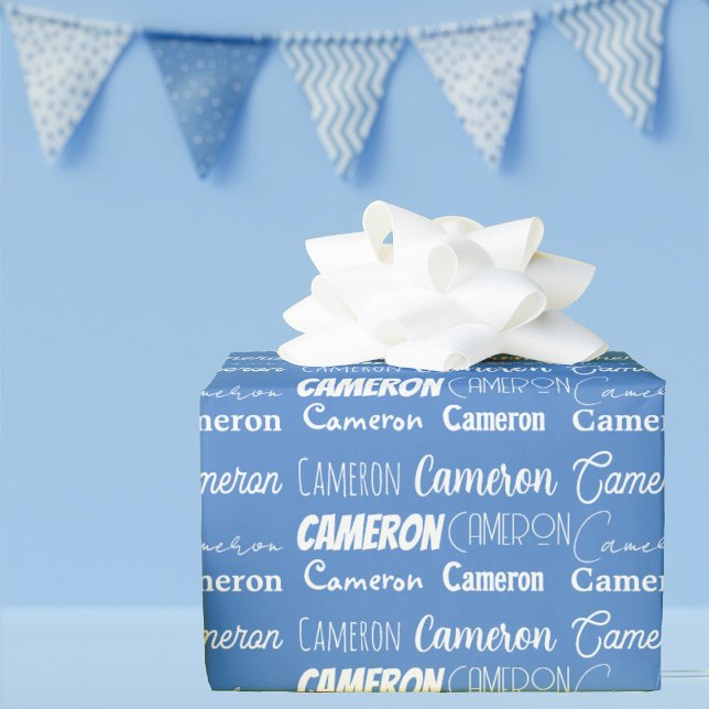 Custom Blue Birthday Boys Name Collage Wrapping Paper (Creator Uploaded)