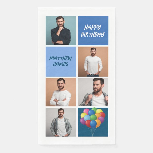 Custom Blue Birthday Party Photo Collage Napkin (Front)