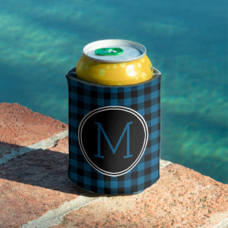 Custom Blue Black Buffalo Check Plaid Pattern Can Cooler
