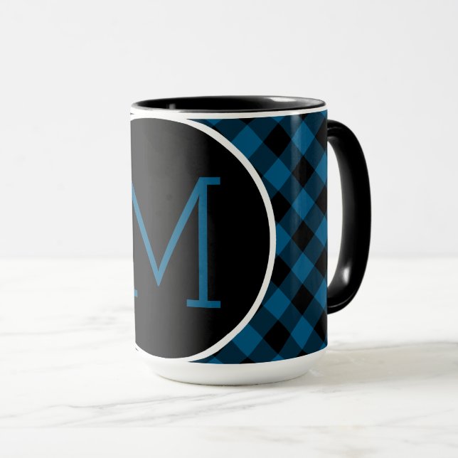 Custom Blue Black Buffalo Check Plaid Pattern Mug (Front Right)