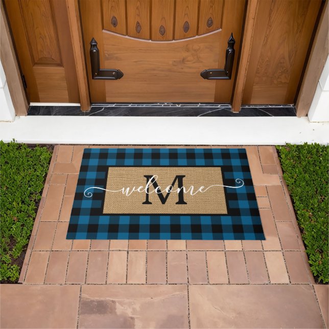 Custom Blue Black Buffalo Check Tartan Pattern Doormat (Outdoor)