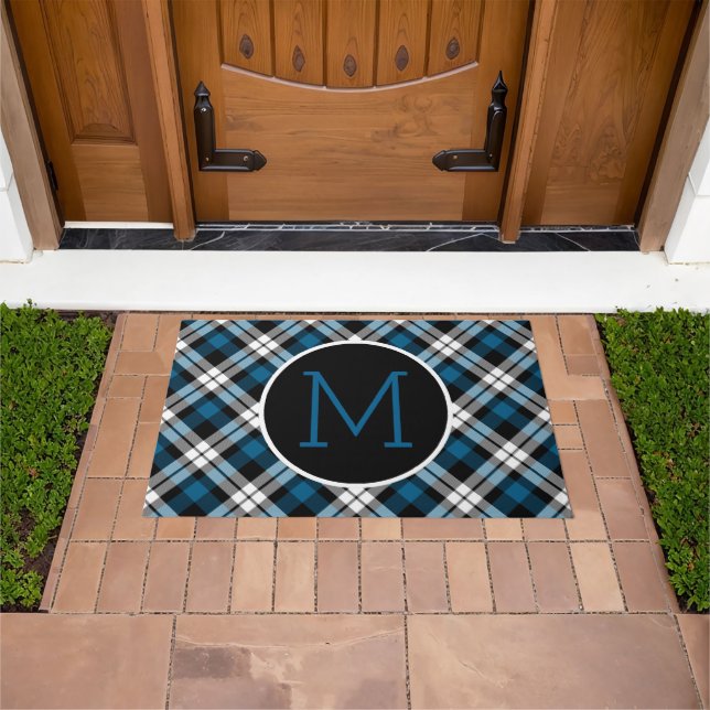 Custom Blue Black White Lumberjack Tartan Pattern Doormat (Outdoor)