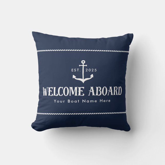 Custom Blue Boat Name Nautical Welcome Aboard  Cushion (Front)