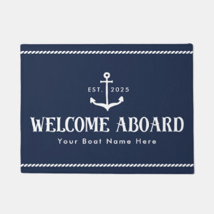 Custom Blue Boat Name Welcome Aboard Nautical Doormat