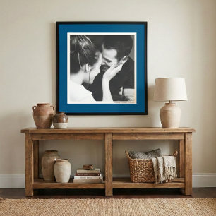 Custom Blue Border Minimalist Couple Photo Wedding Poster