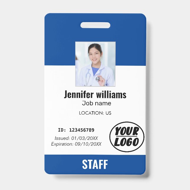 Custom Blue Business Logo Employee Photo ID Badge (Front)