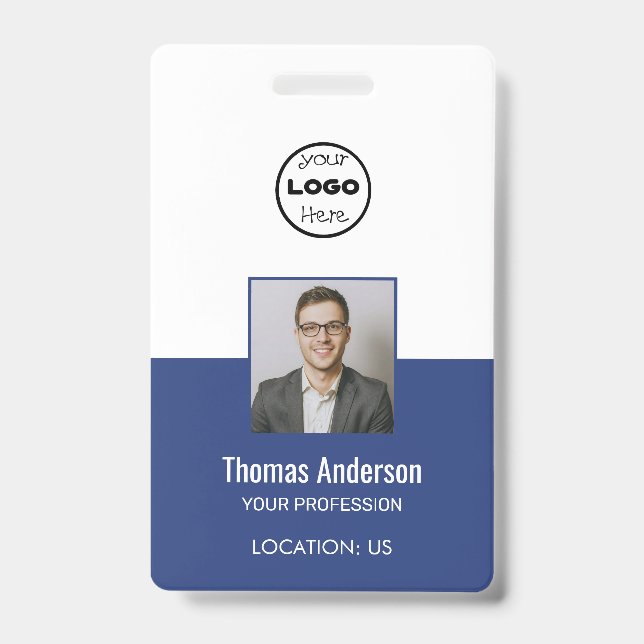 Custom Blue Business Logo Employee Photo ID Badge (Front)