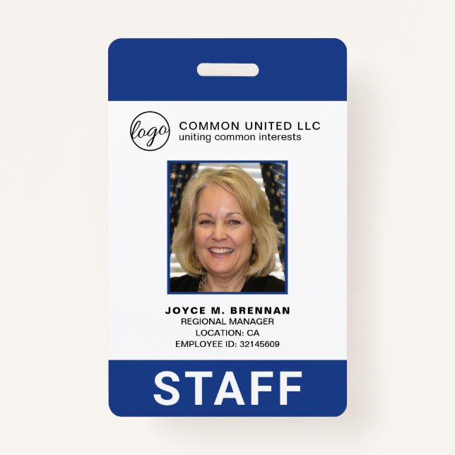 Custom Blue Business Logo Employee Photo ID ID Badge (Front)