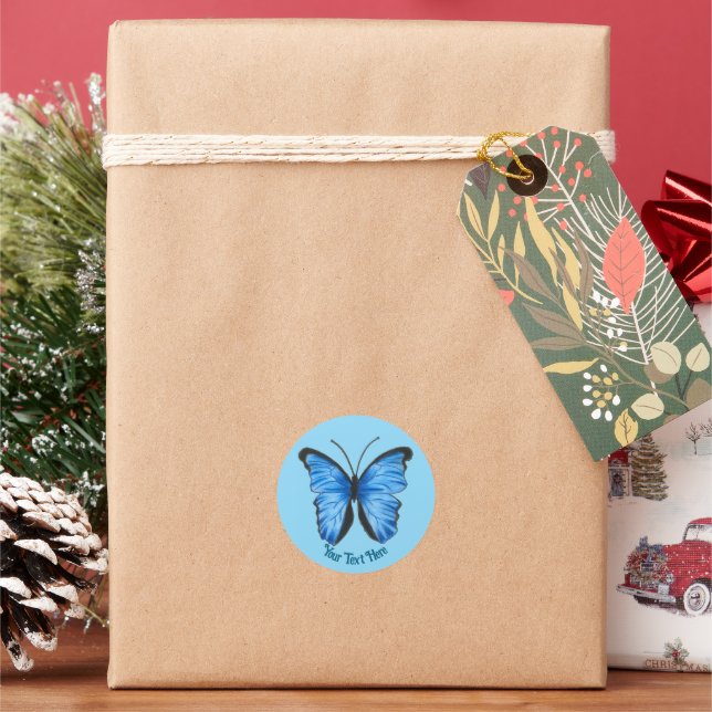 Custom Blue Butterfly  Classic Round Sticker (Holiday)