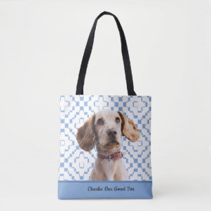 Custom Blue Chequered Your Dog's Photo/Name/Font  Tote Bag