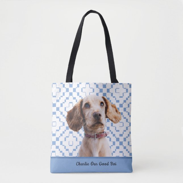Custom Blue Chequered Your Dog's Photo/Name/Font  Tote Bag (Front)