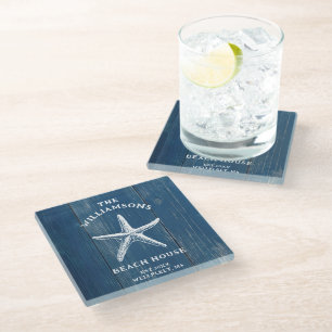 Custom Blue Coastal Starfish Beach House Glass Coaster