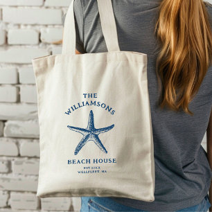 Custom Blue Coastal Starfish Beach House Tote Bag