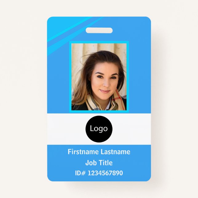 custom blue company employee Photo, Logo, Bar Code ID Badge (Front)